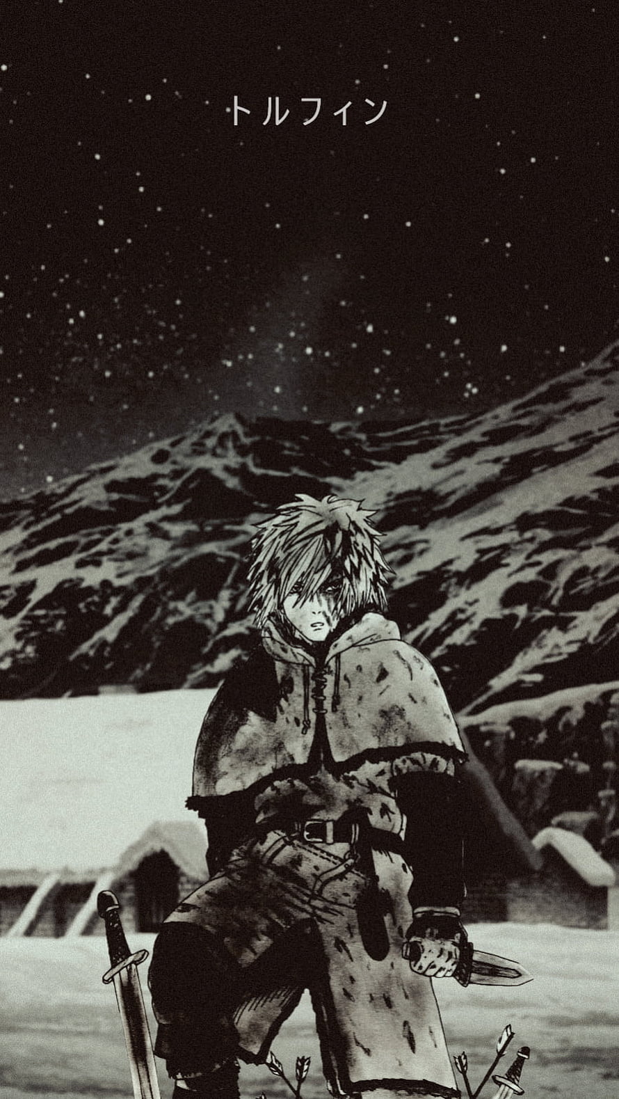 Thorfinn from Vinland Saga in a Snowy Night Landscape with Sword and Arrows HD phone wallpaper