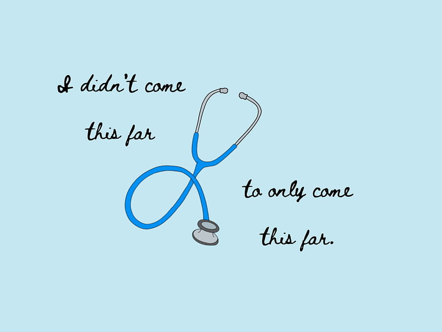 Hand-drawn blue stethoscope illustration with handwritten motivational quote on light blue background HD wallpaper