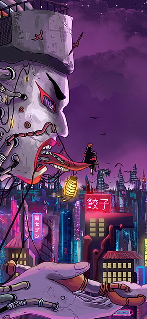 Giant Cyberpunk Masked Figure Looming Over Neon Cityscape With Small Character HD phone wallpaper