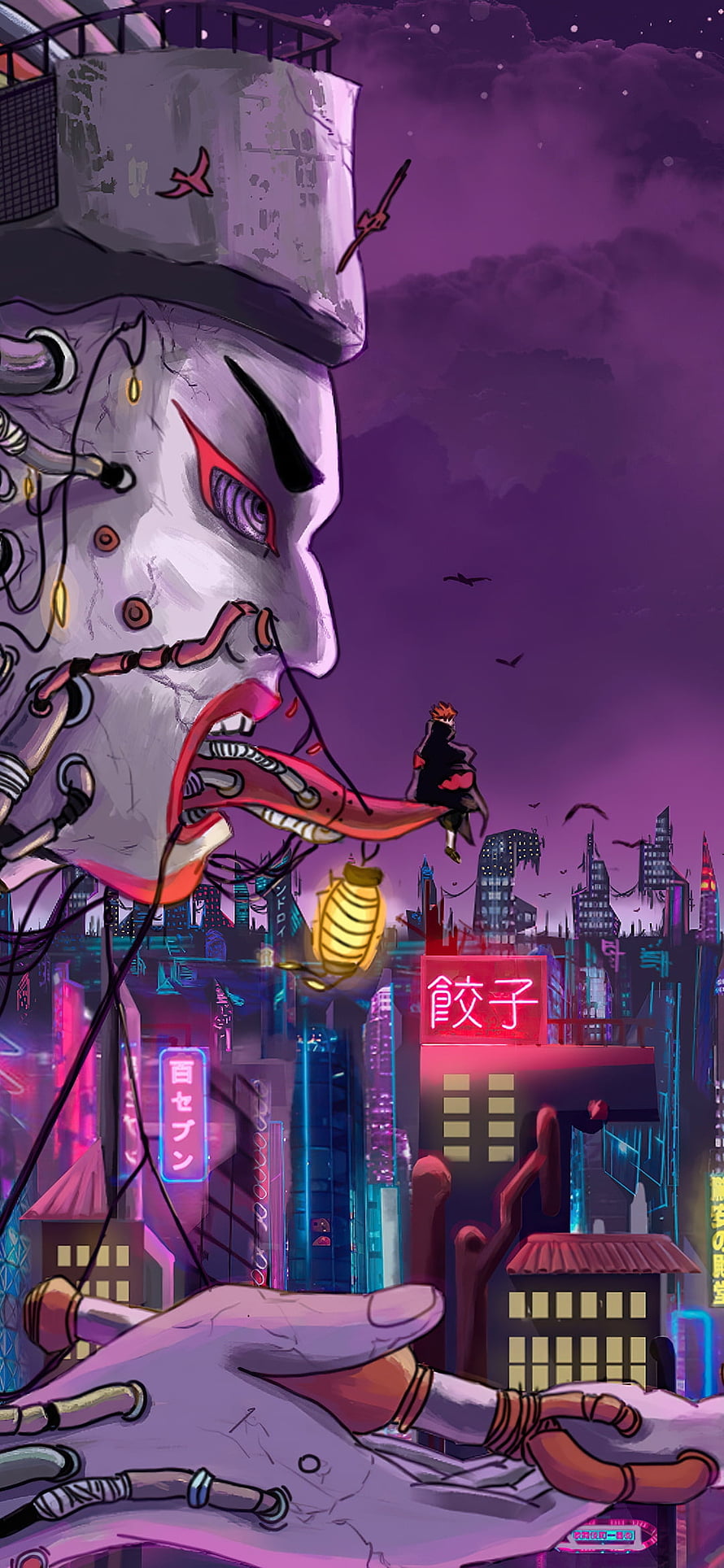 Giant Cyberpunk Masked Figure Looming Over Neon Cityscape With Small Character HD phone wallpaper