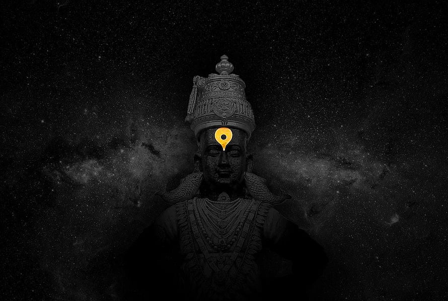 Mystical Hindu Deity Statue with Glowing Third Eye Against Starry Cosmic Background HD wallpaper