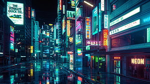 Cyberpunk Neon City Street at Night with Rain Reflections and Futuristic Skyscrapers HD wallpaper