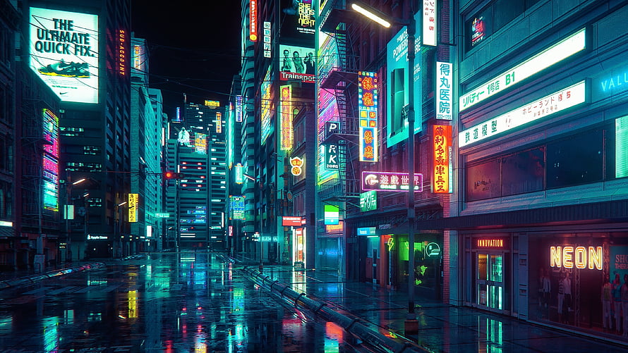 Cyberpunk Neon City Street at Night with Rain Reflections and Futuristic Skyscrapers HD wallpaper