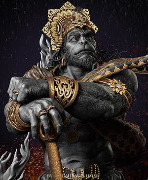 Hyper-realistic Hanuman digital art featuring the monkey god in ornate golden armor and crown holding a mace, Bajrang Bali 3D, Angry Hanuman HD phone wallpaper