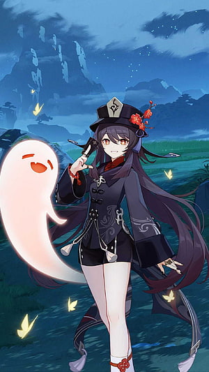 Hu Tao and Her Ghost Companion in a Serene Night Landscape from Genshin Impact HD phone wallpaper