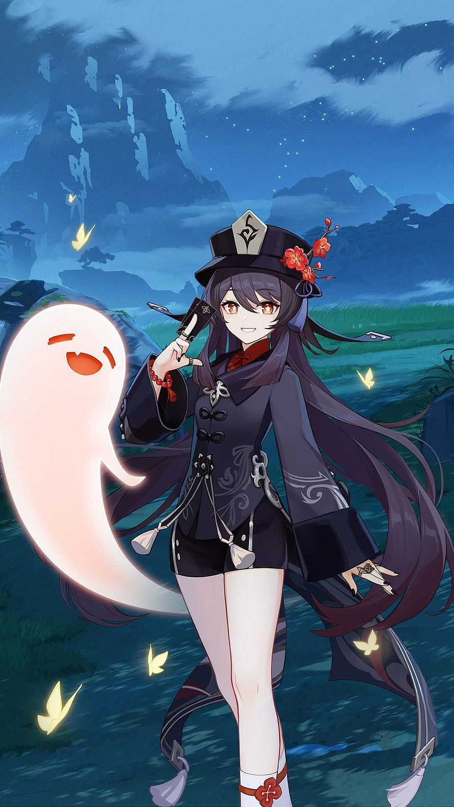 Hu Tao and Her Ghost Companion in a Serene Night Landscape from Genshin Impact HD phone wallpaper