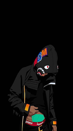 MC Stan in Black Hoodie with Shark Mask and Supreme Belt HD phone wallpaper