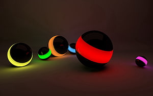 Abstract 3D Render of Glossy Black Spheres with Glowing Neon Color Bands HD wallpaper