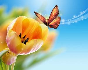 Vibrant Orange Butterfly Perched on a Yellow Tulip with Magical Sparkles HD wallpaper