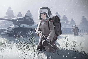 Anime Soldier Girl in Winter Uniform with Tank in Snowy Battlefield HD wallpaper
