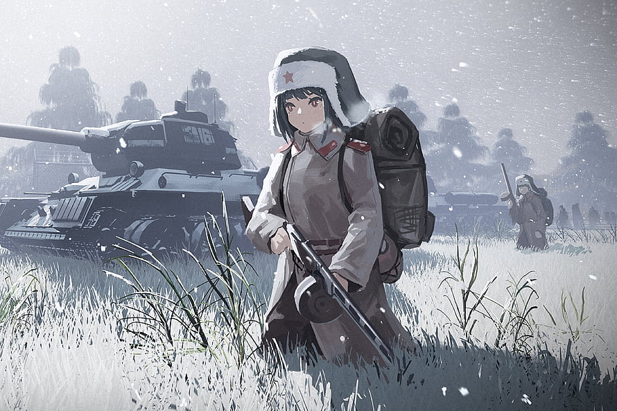 Anime Soldier Girl in Winter Uniform with Tank in Snowy Battlefield HD wallpaper