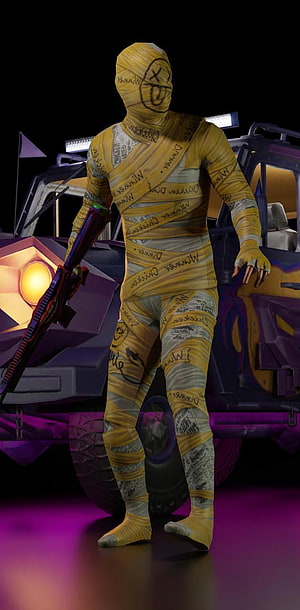 PUBG Mummy Skin Character with Weapon and Vehicle in Dark Arena HD phone wallpaper