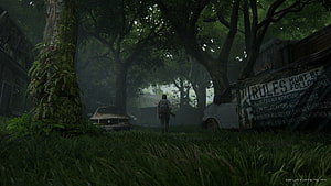 The Last of Us Part 2: Joel Walking Through Overgrown Ruins and Abandoned Vehicles HD wallpaper