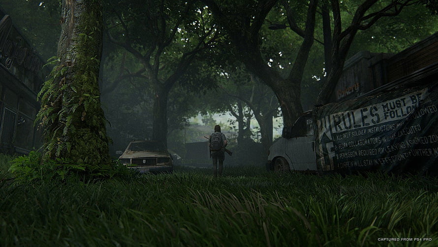 The Last of Us Part 2: Joel Walking Through Overgrown Ruins and Abandoned Vehicles HD wallpaper