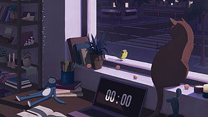 Cozy Night Study Room with Cat and Bird Watching City Street HD wallpaper