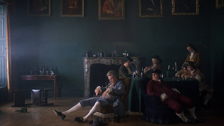 Barry Lyndon film still showing men in 18th-century attire relaxing in a dimly lit room with a fireplace HD wallpaper