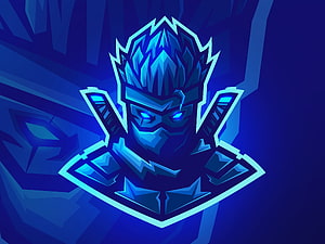 Glowing Blue Ninja Warrior Emblem with Glowing Eyes and Spiky Hair HD wallpaper