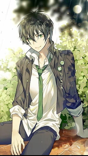 Anime Boy in School Uniform Sitting in the Rain with Green Eyes HD phone wallpaper