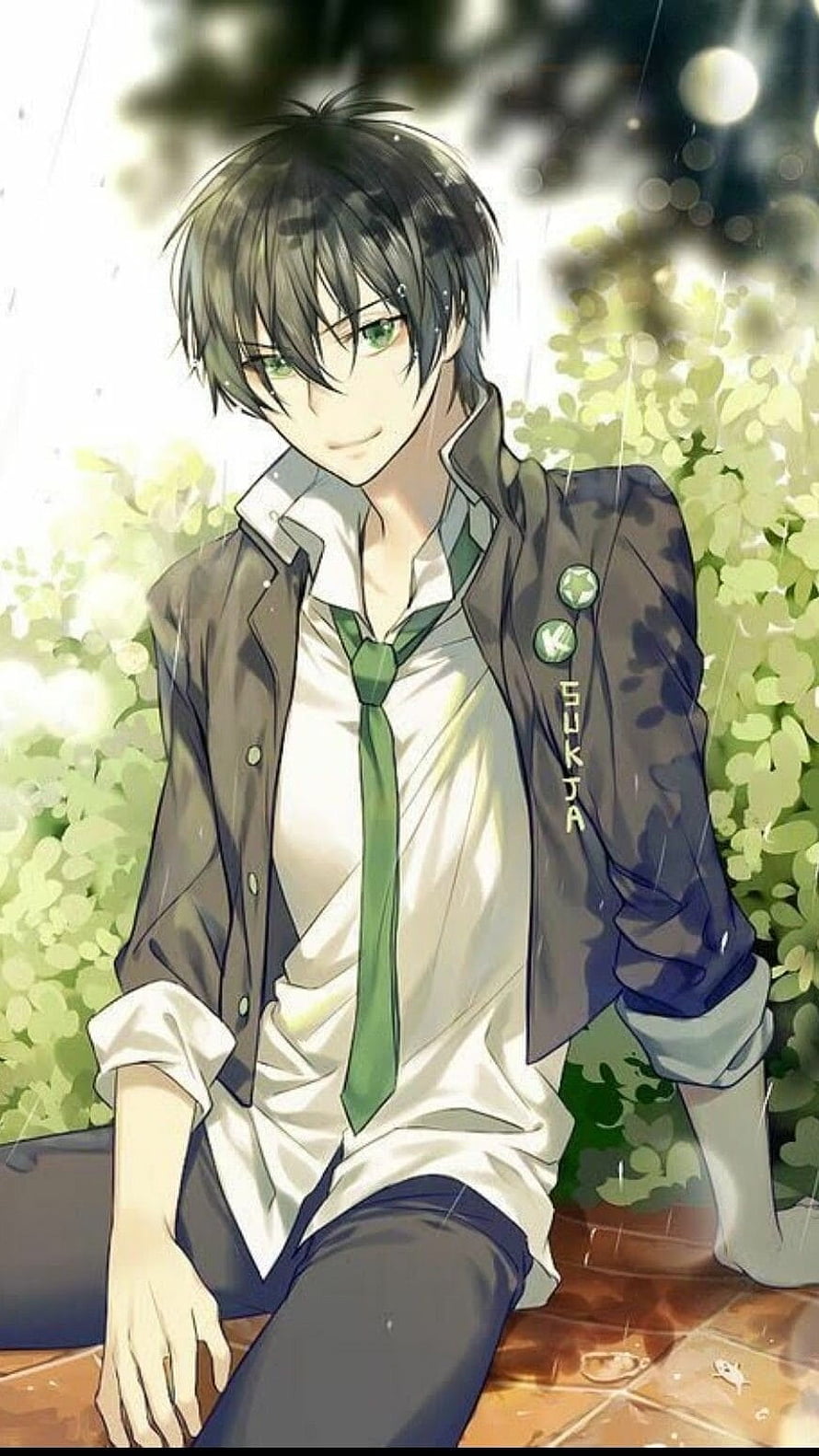 Anime Boy in School Uniform Sitting in the Rain with Green Eyes HD phone wallpaper