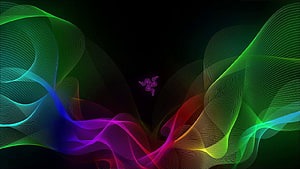 Razer Chroma RGB Abstract Wave Pattern with Neon Green and Purple Lines on Black Background HD wallpaper