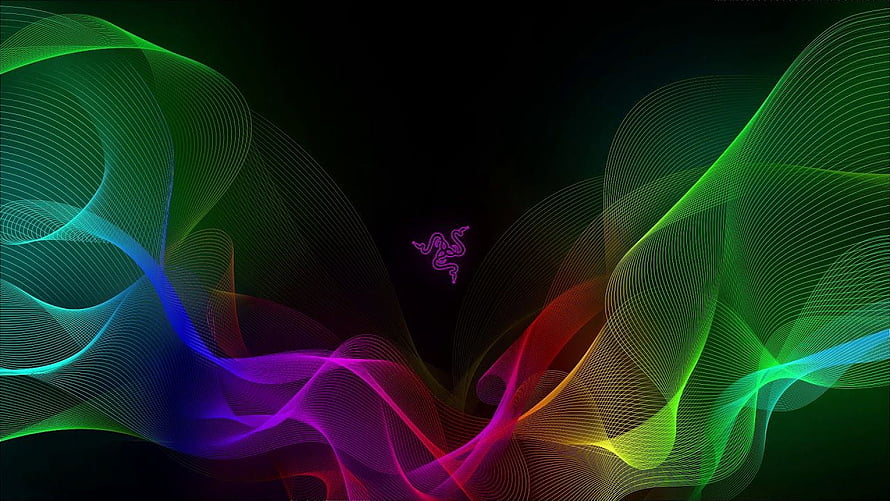 Razer Chroma RGB Abstract Wave Pattern with Neon Green and Purple Lines on Black Background HD wallpaper