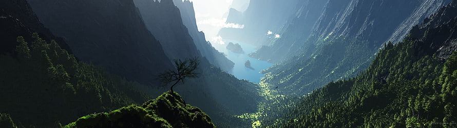Majestic Mountain Valley with Distant Lake and Solitary Tree on a Mossy Cliff HD wallpaper