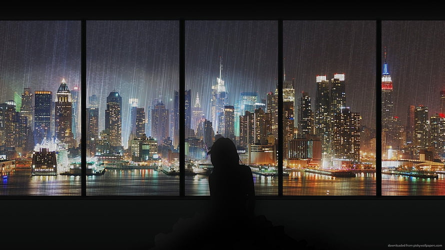 Silhouette of a Woman Gazing at the Rainy New York City Skyline at Night, Rain In New York City . City , Night scenery, Rain, Rainy City Anime HD wallpaper