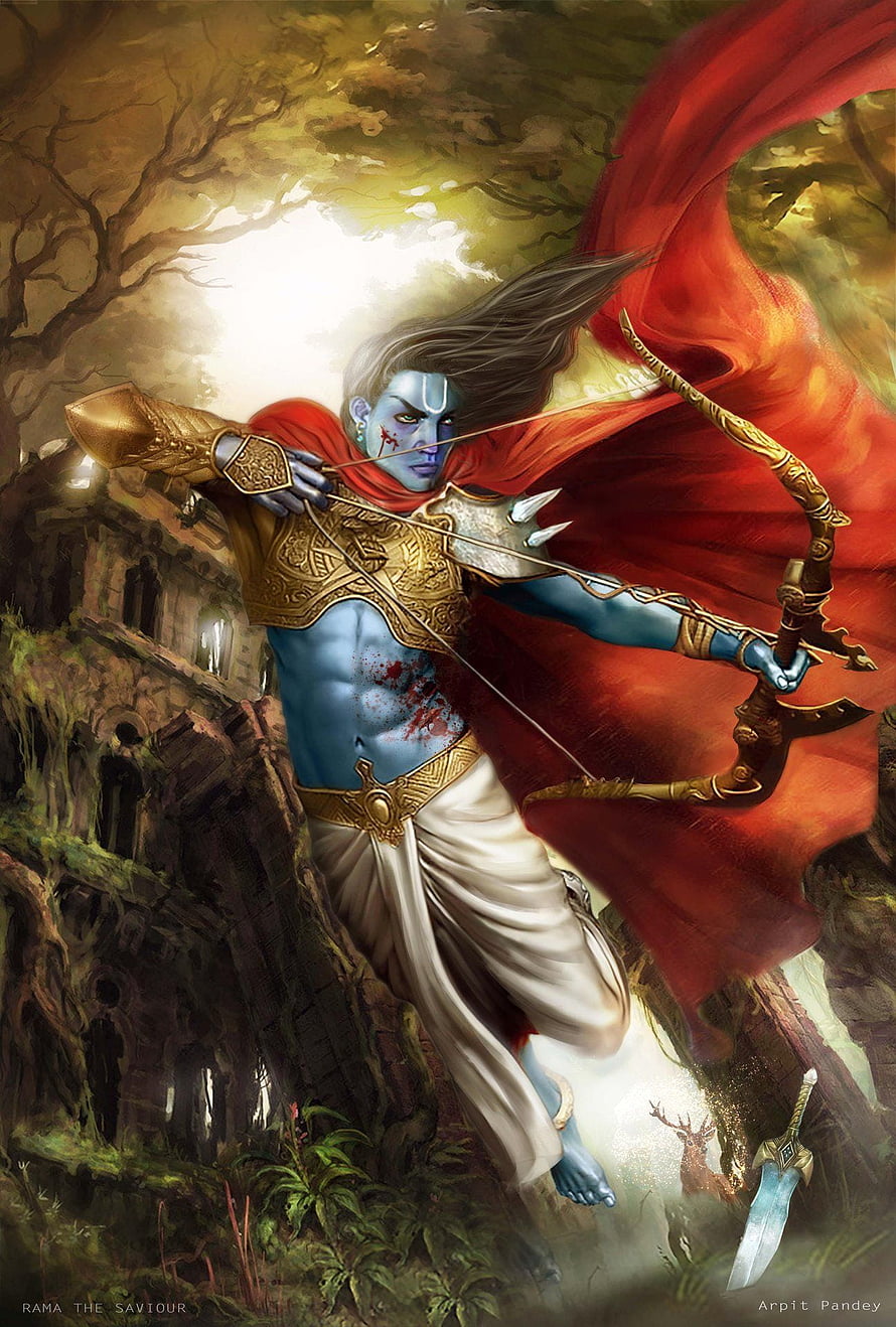 Rama the Saviour Fantasy Artwork with Blue Skin and Red Cape HD phone wallpaper
