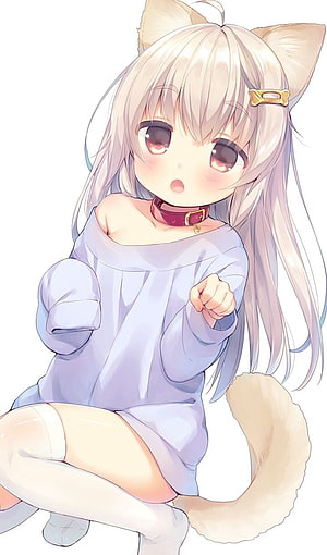 Cute Anime Girl with Fox Ears and Tail in Lavender Dress HD phone wallpaper