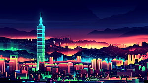 Neon Taipei 101 Cityscape in Retro Synthwave Style with Vibrant Sunset Skyline HD wallpaper