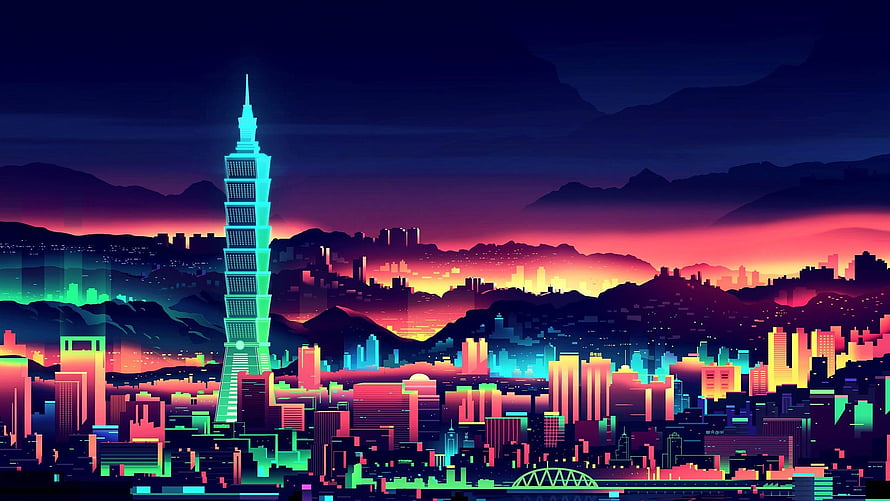 Neon Taipei 101 Cityscape in Retro Synthwave Style with Vibrant Sunset Skyline HD wallpaper