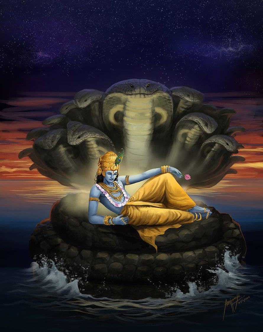 Krishna Resting on Sheshnag Serpent in Ocean Digital Art HD phone wallpaper