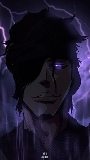 Sōsuke Aizen Anime Portrait with Glowing Purple Eye and Lightning Background HD phone wallpaper
