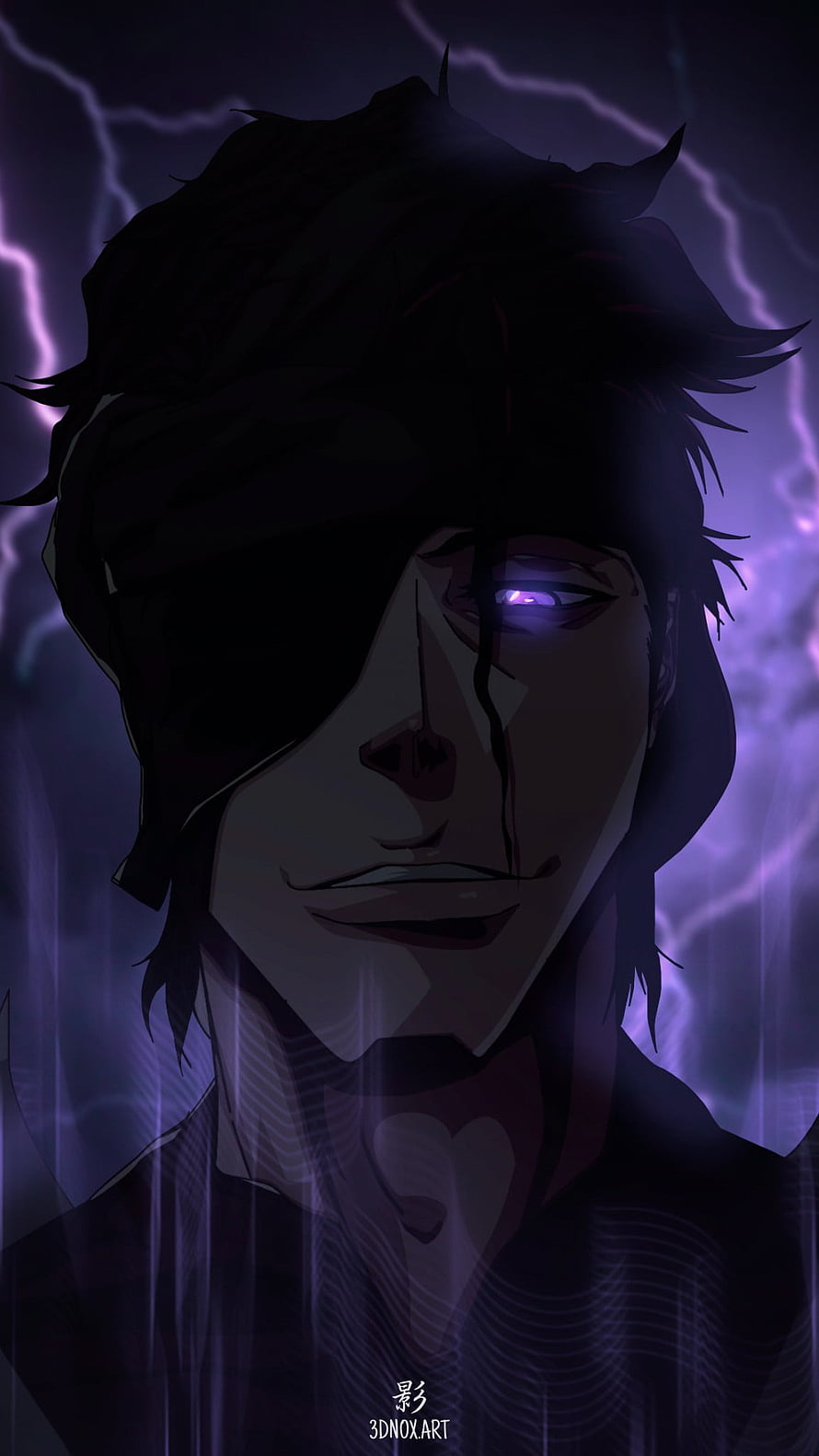 Sōsuke Aizen Anime Portrait with Glowing Purple Eye and Lightning Background HD phone wallpaper