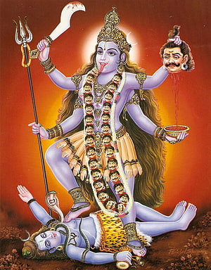 Maa Kali Traditional Indian Deity Painting with Trident and Skull Garland HD phone wallpaper