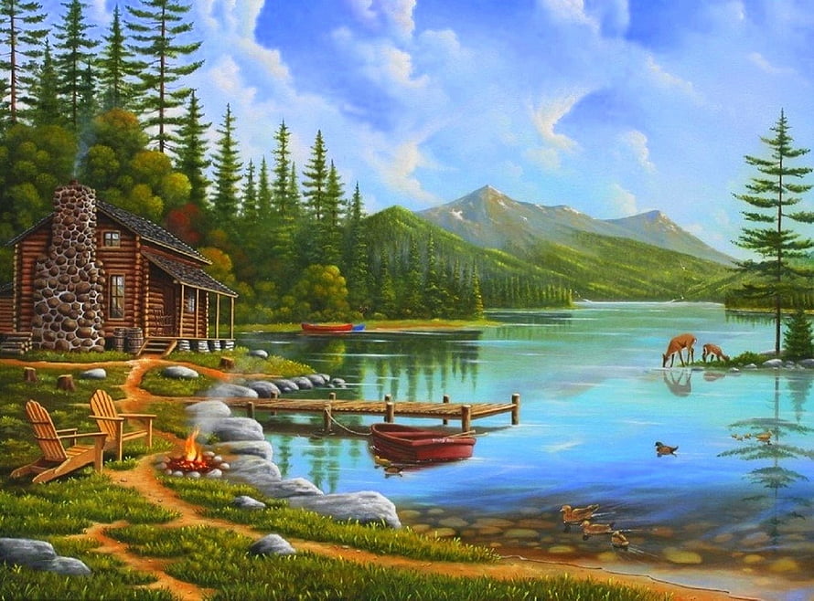 Serene Lake Cabin Landscape with Mountains, Dock, and Wildlife HD wallpaper