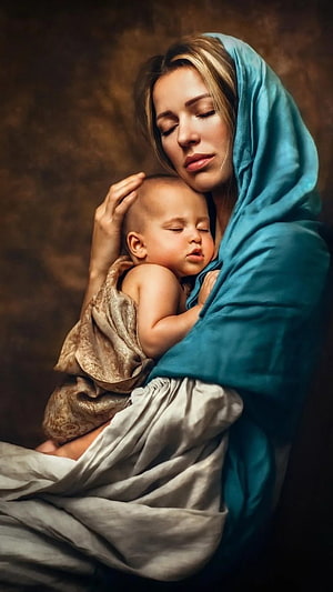 Serene Portrait of a Mother Cradling Her Sleeping Baby in Blue and Gold Drapery HD phone wallpaper