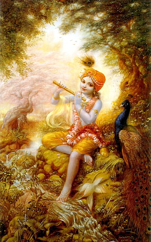 Lord Krishna Playing Flute With Peacock Feather Crown in Golden Forest HD phone wallpaper