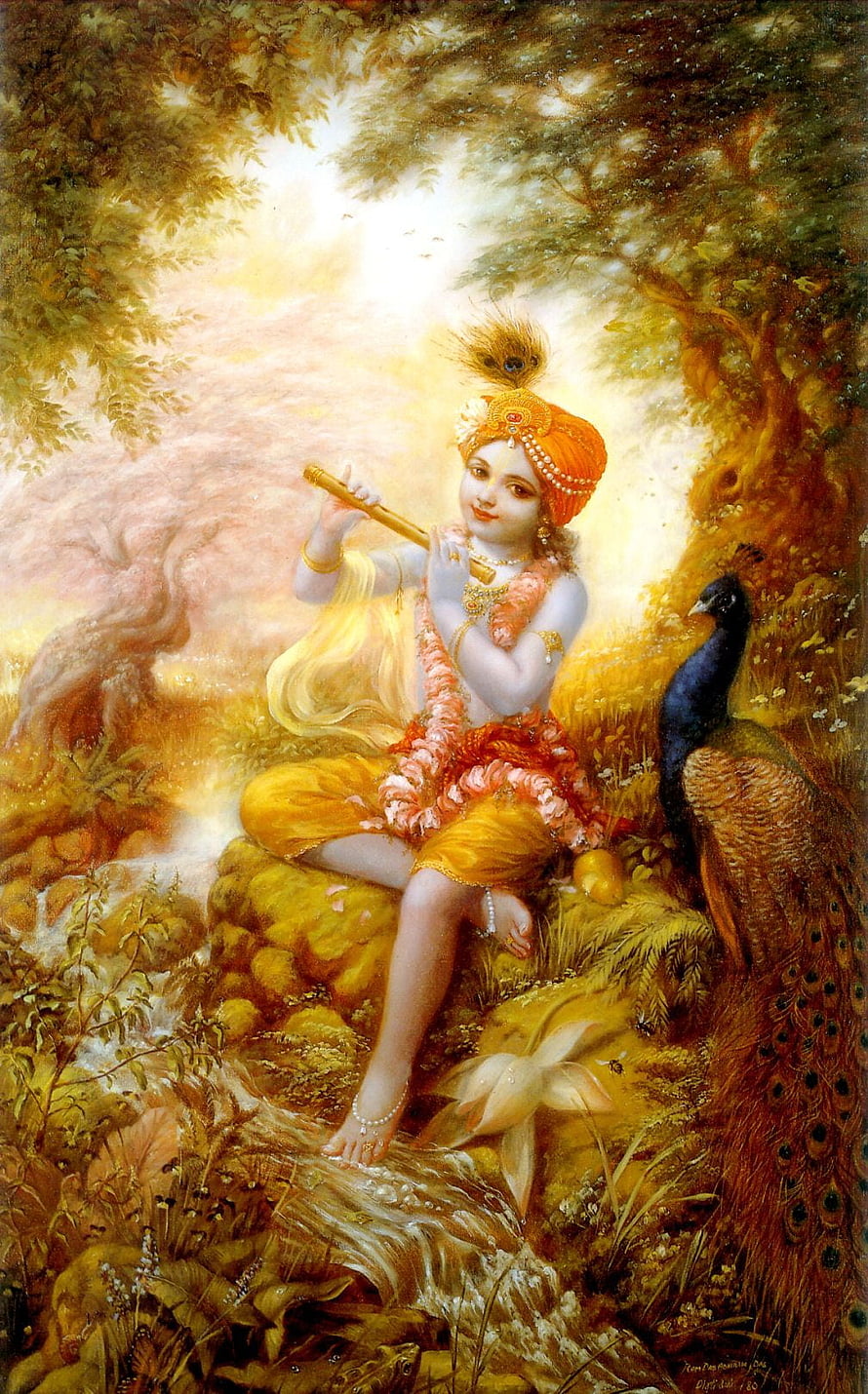 Lord Krishna Playing Flute With Peacock Feather Crown in Golden Forest HD phone wallpaper