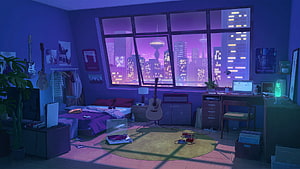 Cozy Bedroom Interior With City Skyline View At Night HD wallpaper