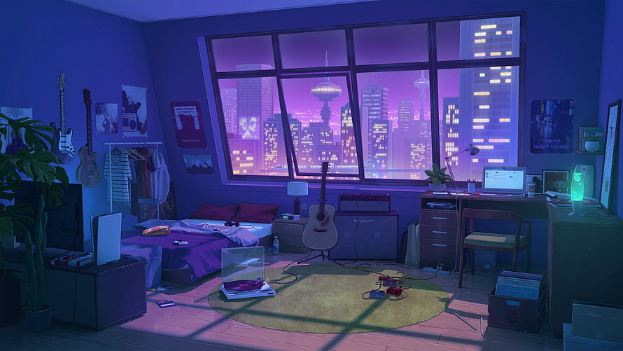 Cozy Bedroom Interior With City Skyline View At Night HD wallpaper