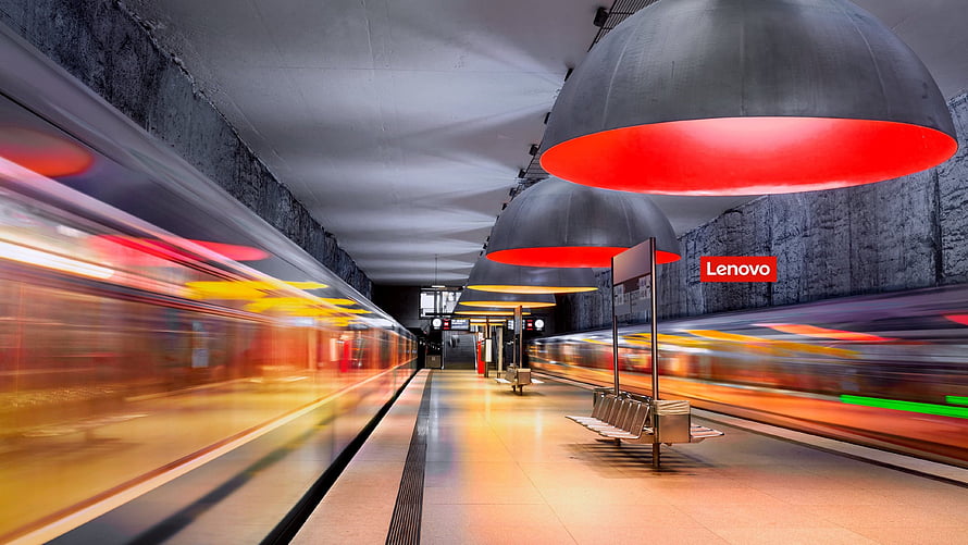 Modern subway station with motion blur trains and red pendant lights HD wallpaper