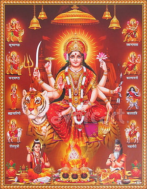 Goddess Durga Sitting on Tiger with Weapons and Nine Forms of Devi HD phone wallpaper