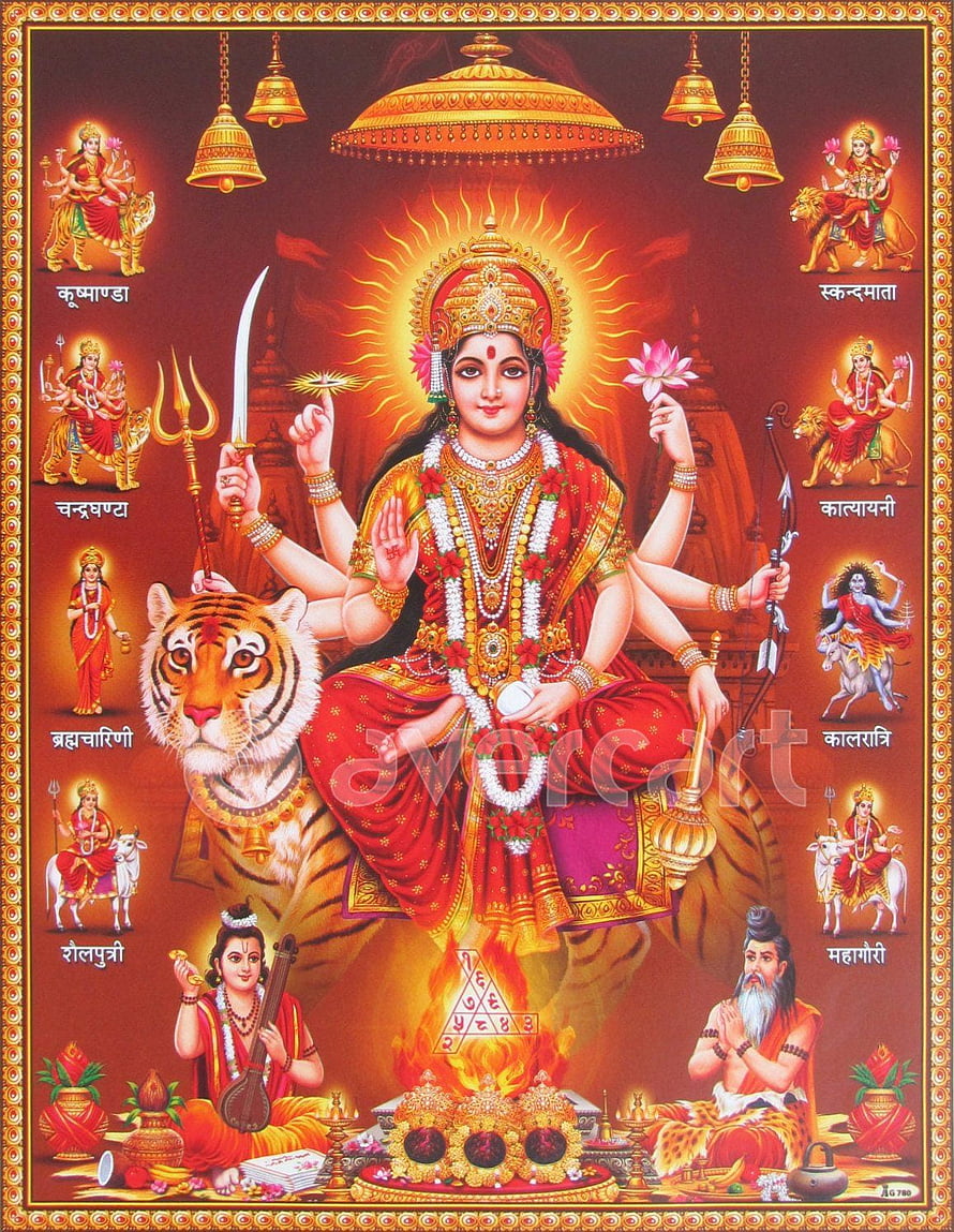 Goddess Durga Sitting on Tiger with Weapons and Nine Forms of Devi HD phone wallpaper