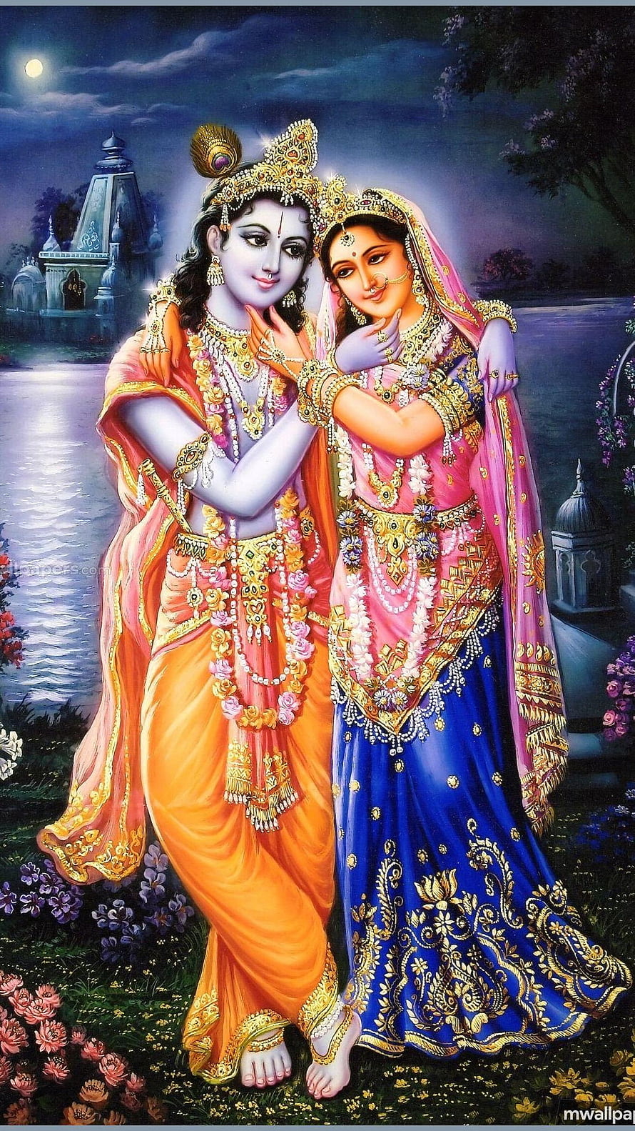 Radha Krishna Devotional Painting with Temple and Moonlit Garden HD phone wallpaper