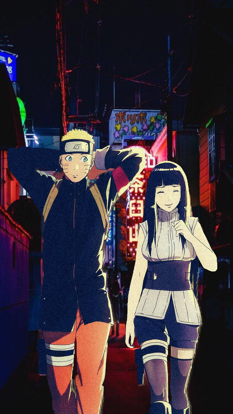 Naruto and Hinata Walking Through a Neon-Lit Night Street in Anime Style HD phone wallpaper