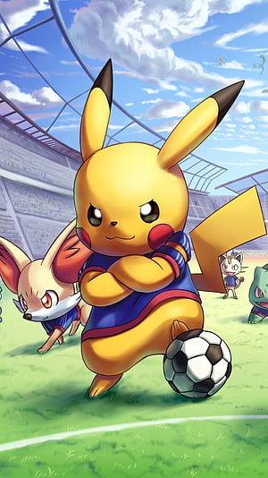 Pikachu Playing Soccer in Stadium with Eevee and Bulbasaur Anime Style Wallpaper HD phone wallpaper
