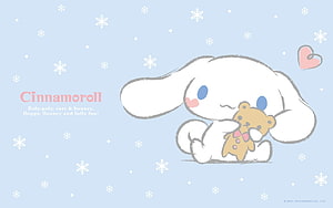 Cute Cinnamoroll Holding Teddy Bear on Light Blue Snowy Background HD wallpaper