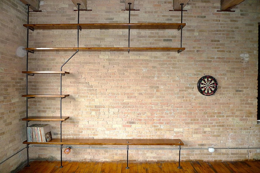 Industrial Loft Interior With Exposed Brick Wall And Wooden Pipe Shelving HD wallpaper