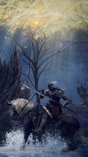 Elden Ring Knight on Horseback Wading Through Water Under Autumn Canopy HD phone wallpaper